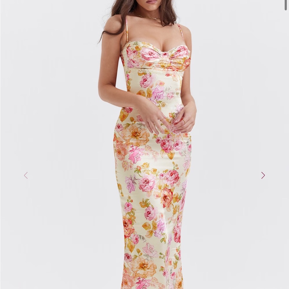 House of CB Floral Satin Dress - Pink and Cream